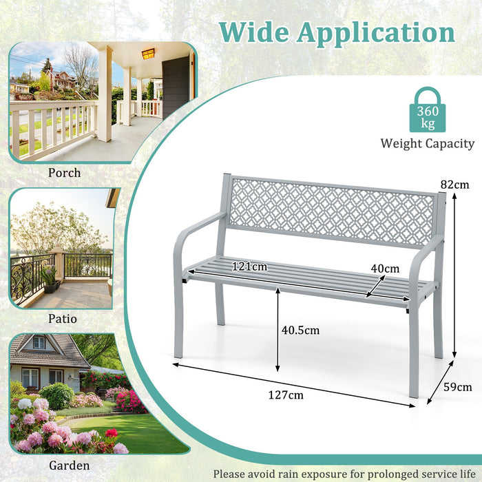 Metal Outdoor Garden Patio Bench with Geometric Lattice Backrest-Grey