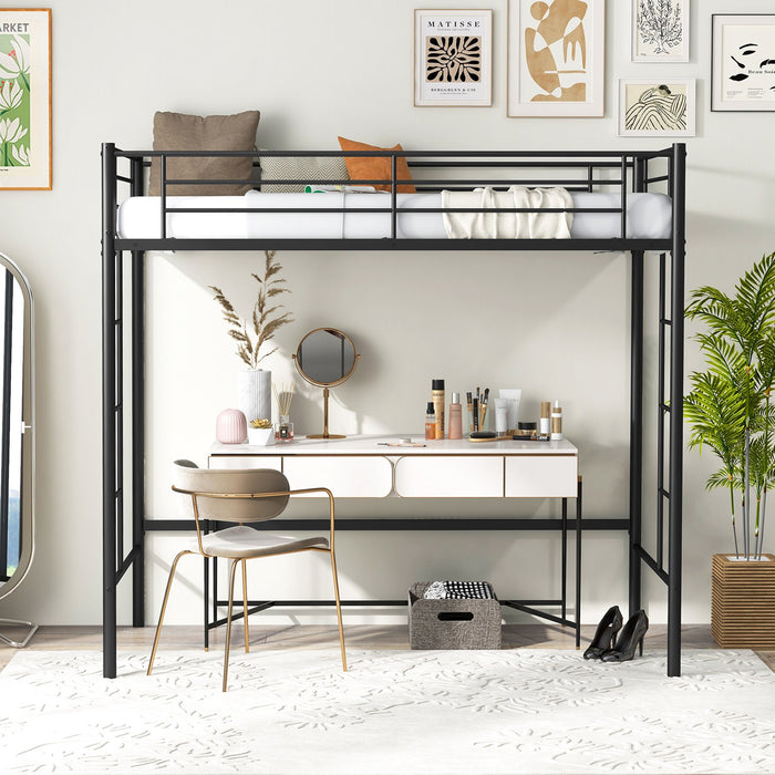 Metal Space-saving Loft Bed Frame with Full-length Safety Guardrail-White