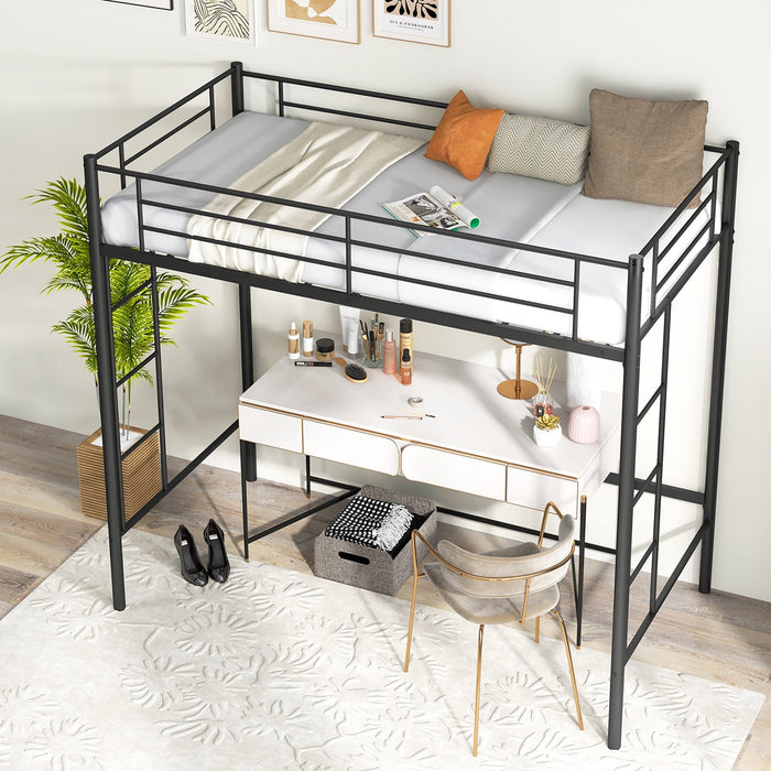 Metal Space-saving Loft Bed Frame with Full-length Safety Guardrail-White