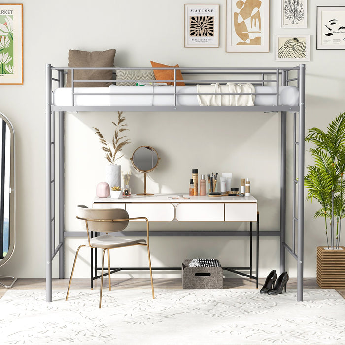 Metal Space-saving Loft Bed Frame with Full-length Safety Guardrail-White