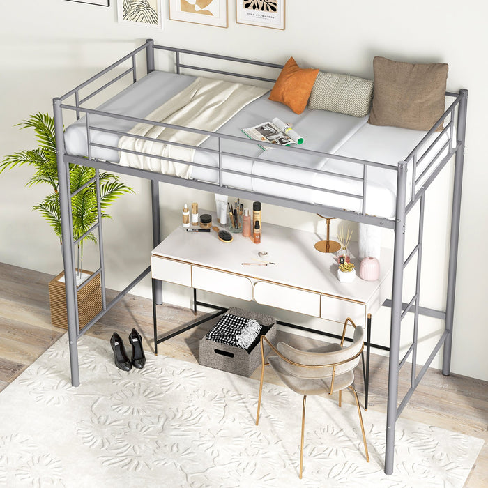 Metal Space-saving Loft Bed Frame with Full-length Safety Guardrail-White