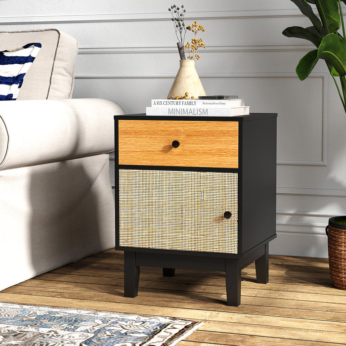 Modern Rattan Nightstand with Storage Drawer and Cabinet-