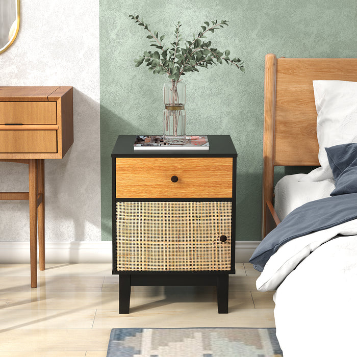 Modern Rattan Nightstand with Storage Drawer and Cabinet-