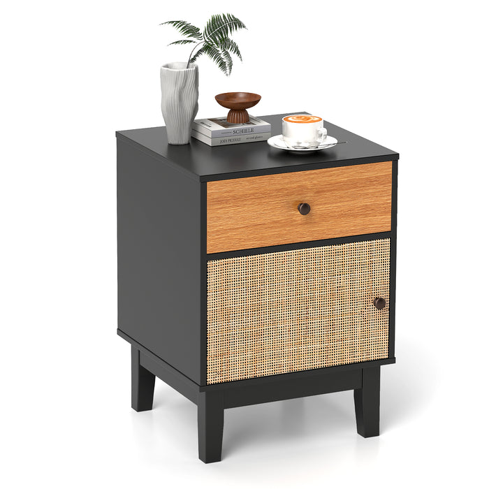 Modern Rattan Nightstand with Storage Drawer and Cabinet-