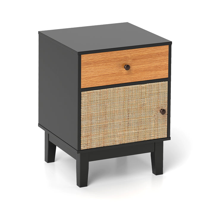 Modern Rattan Nightstand with Storage Drawer and Cabinet-