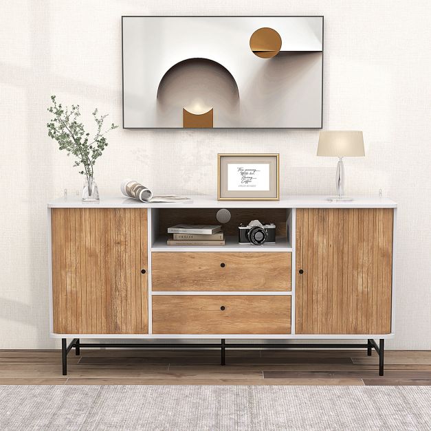 Mid Century Modern Buffet - Trendy Sideboard with Coffee Bar Station Feature - Ideal for Home Interior Improvements and Storage Needs