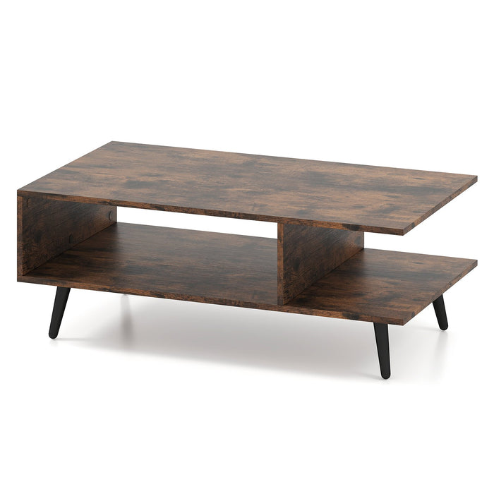 Mid Century Modern Coffee Table 2-Tier Accent Table with 2 Open Compartments-Rustic Brown