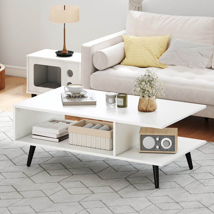 Mid Century Modern Coffee Table 2-Tier Accent Table with 2 Open Compartments-Rustic Brown