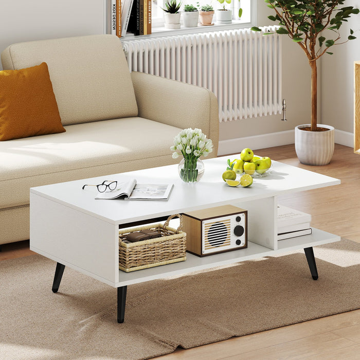 Mid Century Modern Coffee Table 2-Tier Accent Table with 2 Open Compartments-Rustic Brown