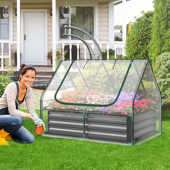 Mini Greenhouse with Roll-up Zipper Doors and Raised Garden Bed-Transparent