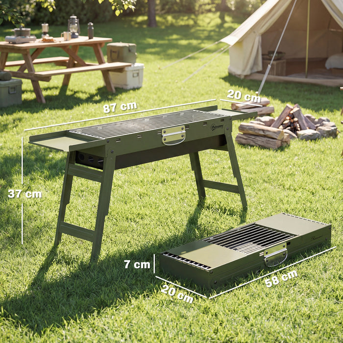 Outsunny Portable BBQ Grill, Foldable Charcoal Grill for Camping and Picnics with 2 Side Shelves and Handle, Green