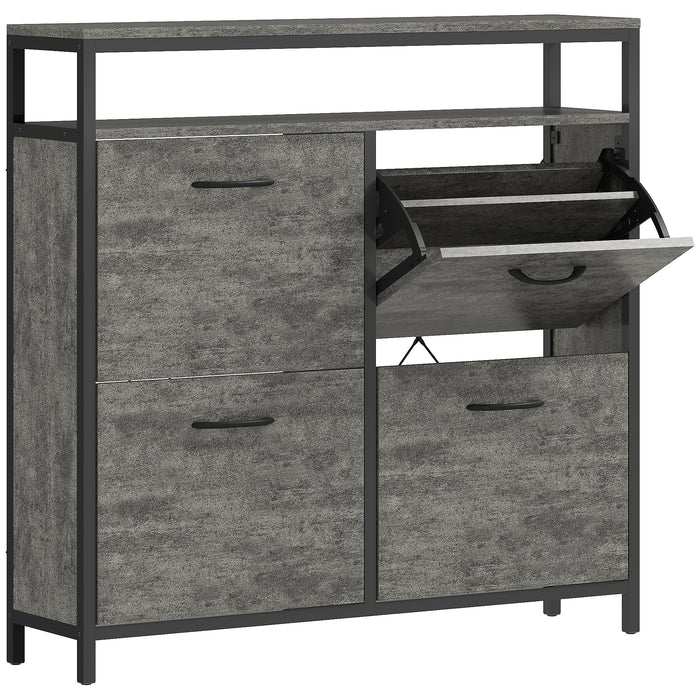 HOMCOM Shoe Storage Cabinet with 4 Flip Drawers and Open Shelf - Cement Grey