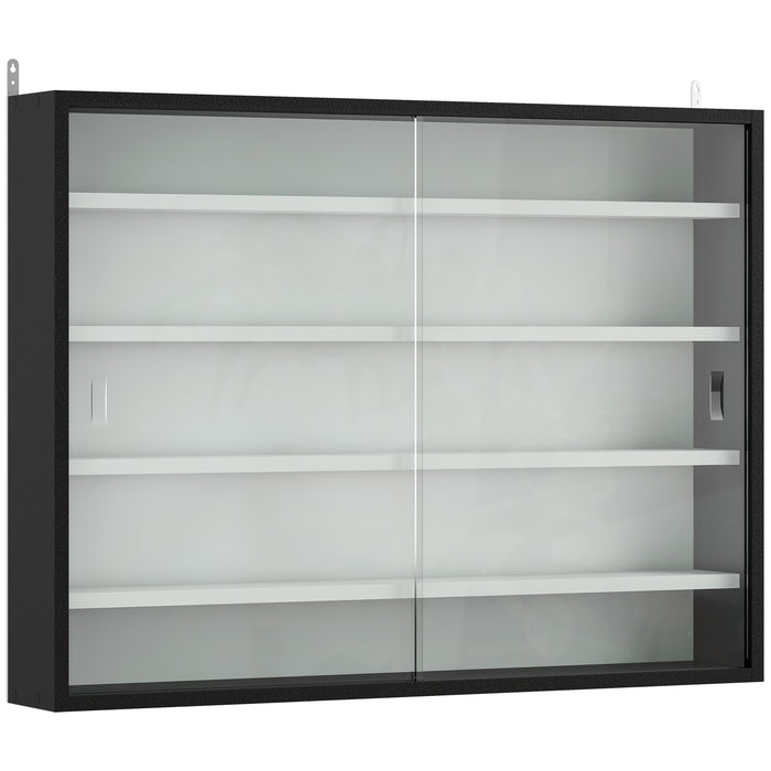 HOMCOM 5-Tier Wall Display Cabinet,  Wall Mounted Display Case w/ 4 Adjustable Shelves, Glass Doors, 60x80cm, Black and White