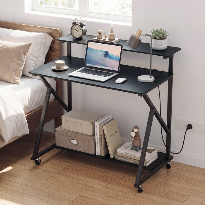 Mobile Computer Desk with Power Outlets Monitor Stand and Storage Shelf-