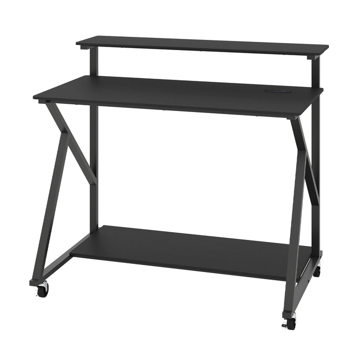 Mobile Computer Desk with Power Outlets Monitor Stand and Storage Shelf-