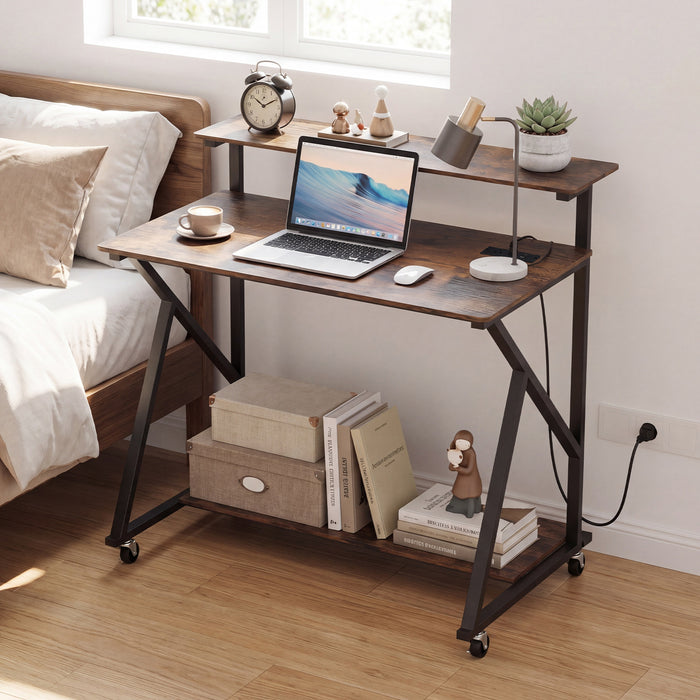 Mobile Computer Desk with Power Outlets Monitor Stand and Storage Shelf-