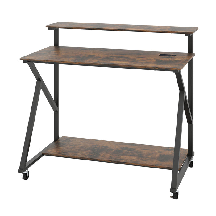 Mobile Computer Desk with Power Outlets Monitor Stand and Storage Shelf-