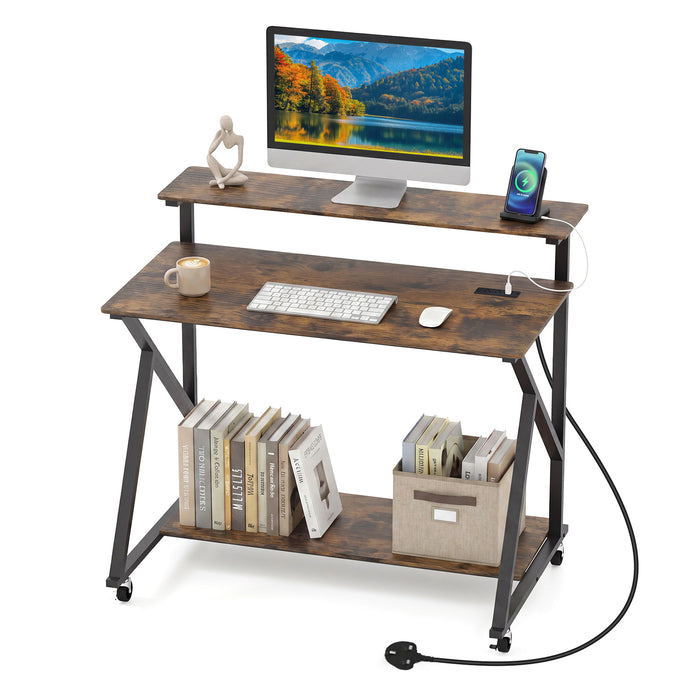 Mobile Computer Desk with Power Outlets Monitor Stand and Storage Shelf-