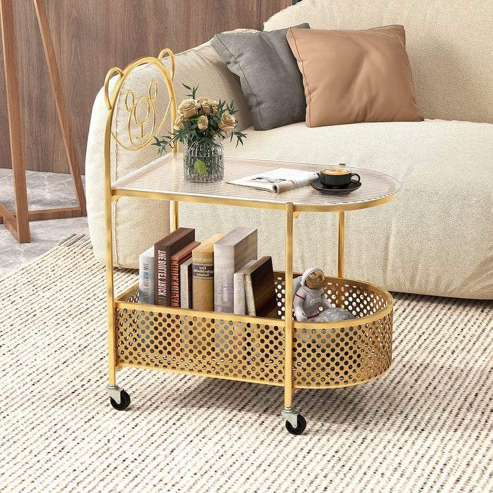 Mobile Glass Coffee Table with Bear Pattern and Storage Basket-