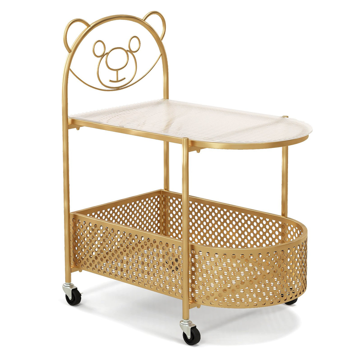 Mobile Glass Coffee Table with Bear Pattern and Storage Basket-