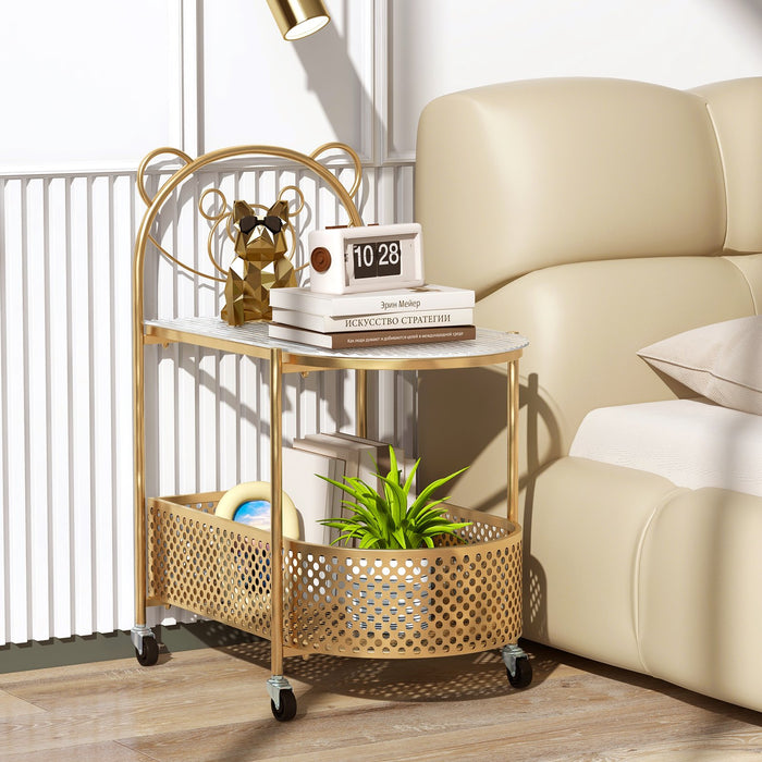 Mobile Glass Coffee Table with Bear Pattern and Storage Basket-