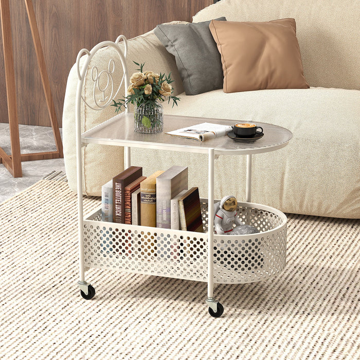Mobile Glass Coffee Table with Bear Pattern and Storage Basket-