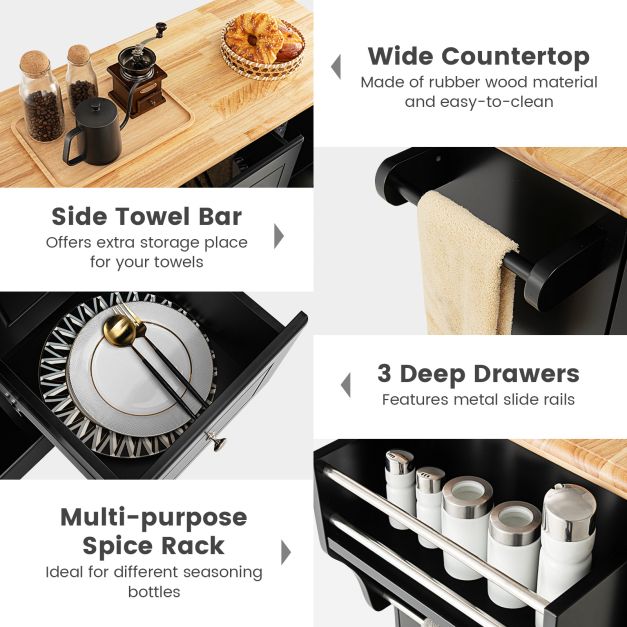 Kitchen Island Mobile Cart - Deep Drawers and Enclosed Black Cabinets - Perfect Storage for Home Cooking Enthusiasts