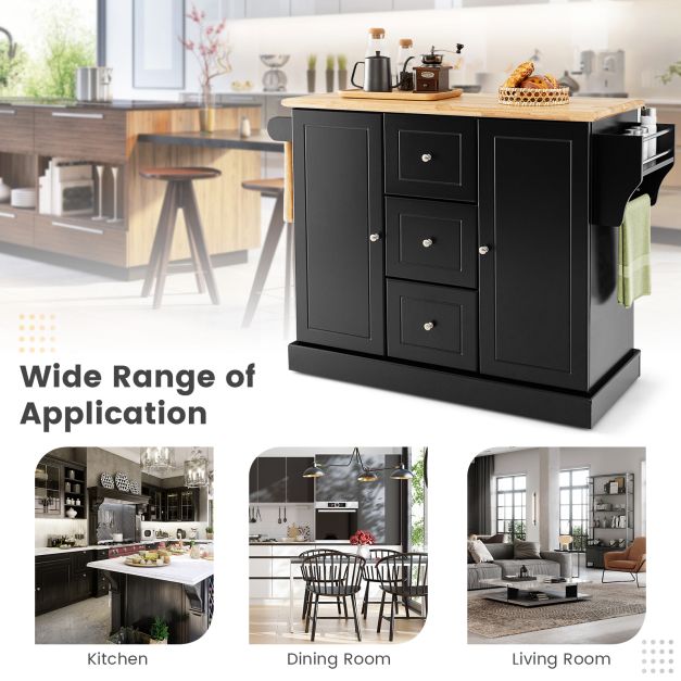 Kitchen Island Mobile Cart - Deep Drawers and Enclosed Black Cabinets - Perfect Storage for Home Cooking Enthusiasts