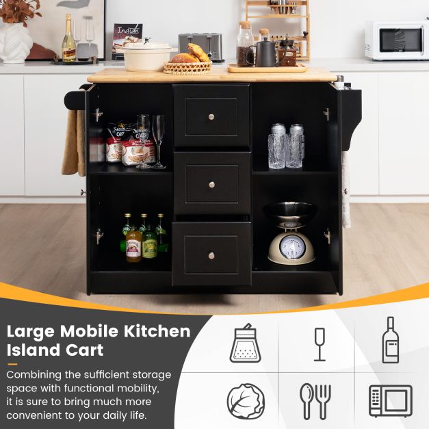 Kitchen Island Mobile Cart - Deep Drawers and Enclosed Black Cabinets - Perfect Storage for Home Cooking Enthusiasts