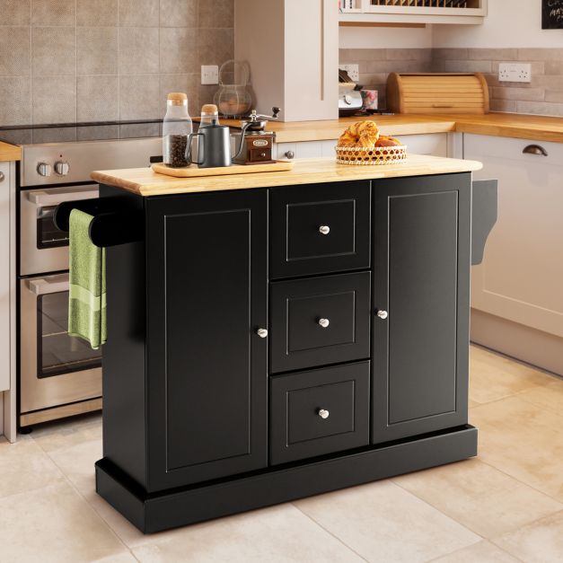 Kitchen Island Mobile Cart - Deep Drawers and Enclosed Black Cabinets - Perfect Storage for Home Cooking Enthusiasts