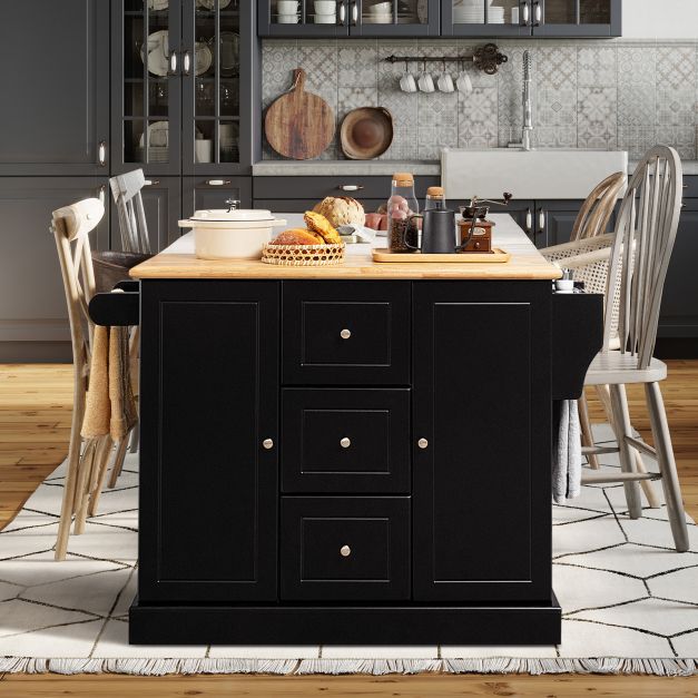 Kitchen Island Mobile Cart - Deep Drawers and Enclosed Black Cabinets - Perfect Storage for Home Cooking Enthusiasts