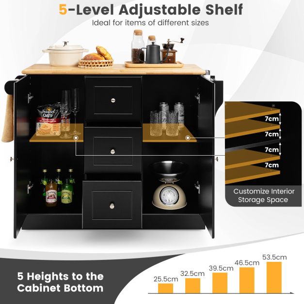 Kitchen Island Mobile Cart - Deep Drawers and Enclosed Black Cabinets - Perfect Storage for Home Cooking Enthusiasts