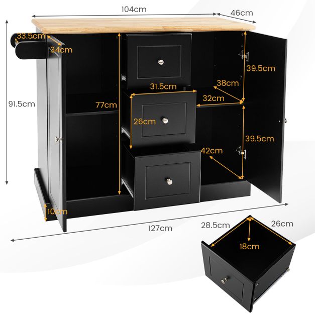 Kitchen Island Mobile Cart - Deep Drawers and Enclosed Black Cabinets - Perfect Storage for Home Cooking Enthusiasts