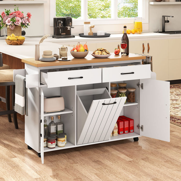 Mobile Kitchen Island with Trash Bag Storage and 2 Pull-out Drawer-