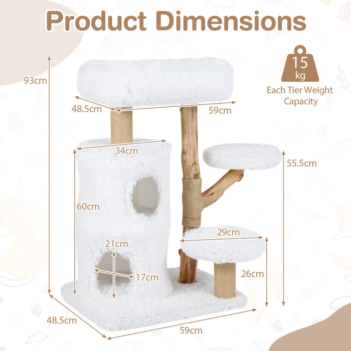 Modern Cat Tree for Indoor Cats 93CM Cat Tower with Real Solid Wood Branches-