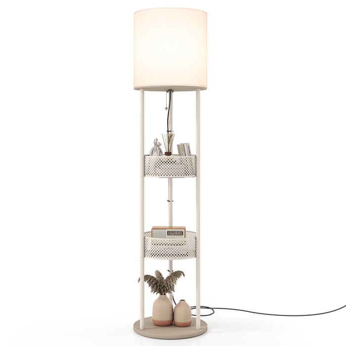Modern Floor Lamp with 3-Tier Shelves Pull Chain Switch and Fabric Shade for Living Room-White