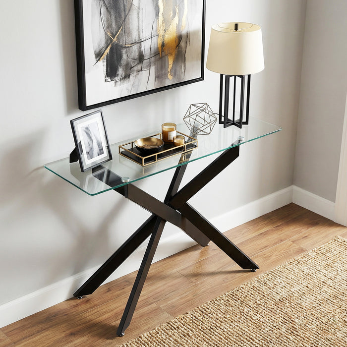 Modern Glass Console Table with Tempered Glass Top and Tubular Legs-