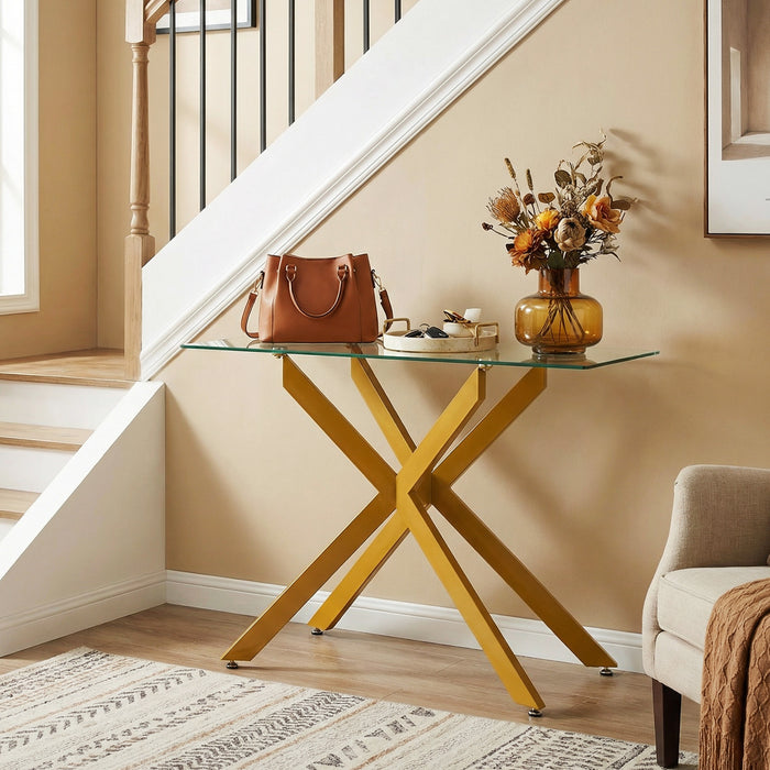 Modern Glass Console Table with Tempered Glass Top and Tubular Legs-
