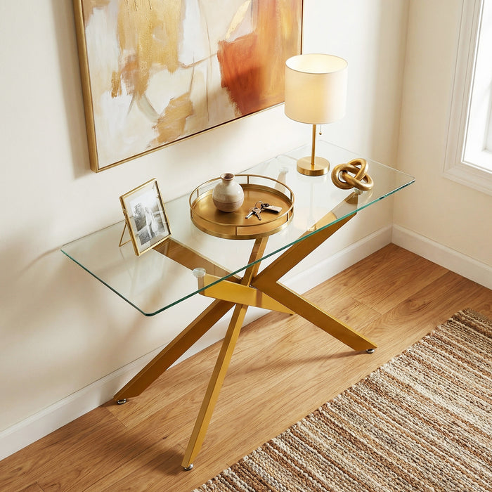 Modern Glass Console Table with Tempered Glass Top and Tubular Legs-