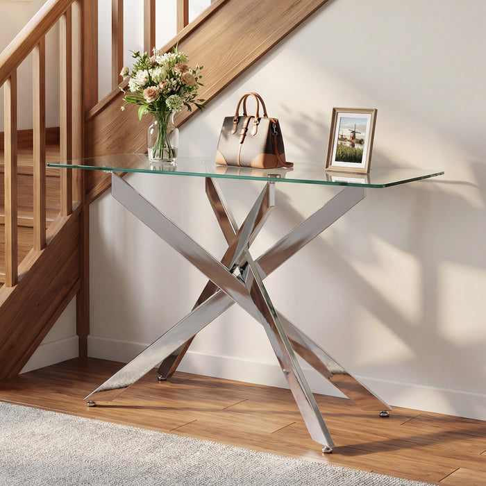 Modern Glass Console Table with Tempered Glass Top and Tubular Legs-