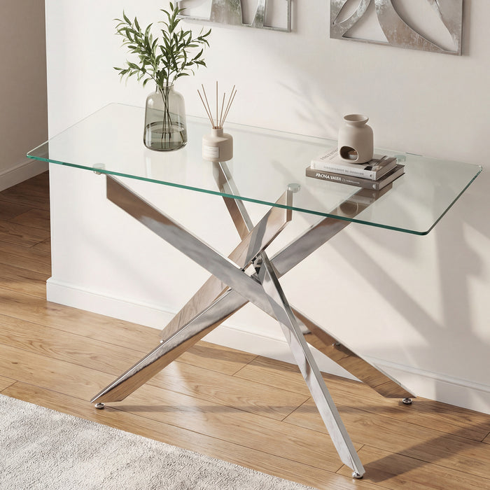 Modern Glass Console Table with Tempered Glass Top and Tubular Legs-