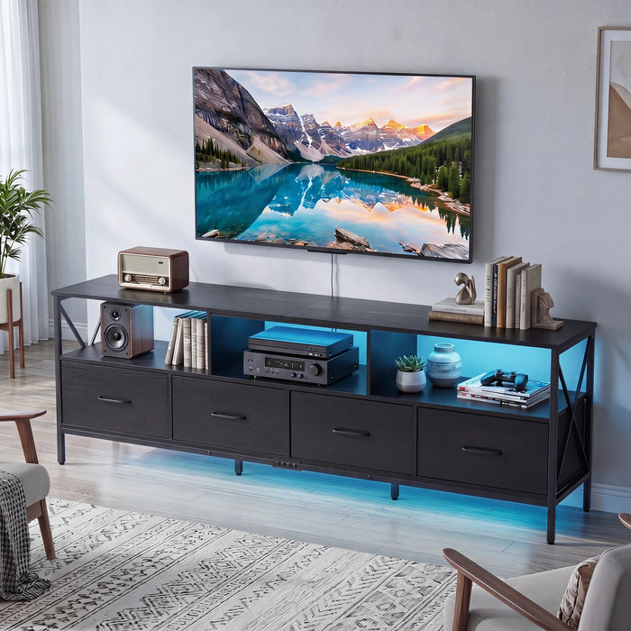 Modern LED Entertainment Center for 80" TVs with 4 Folding Fabric Drawers and Heavy-duty Metal-Rustic Brown