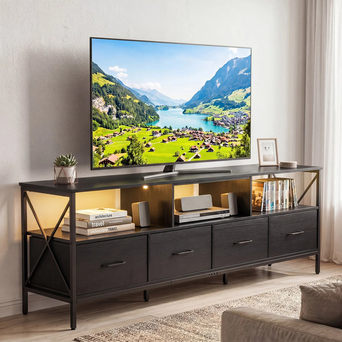 Modern LED Entertainment Center for 80" TVs with 4 Folding Fabric Drawers and Heavy-duty Metal-Rustic Brown