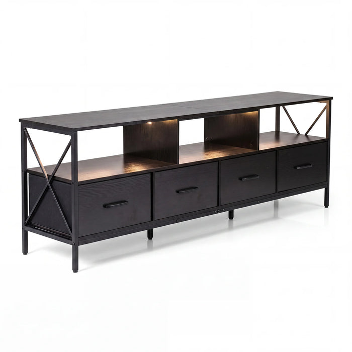 Modern LED Entertainment Center for 80" TVs with 4 Folding Fabric Drawers and Heavy-duty Metal-Rustic Brown