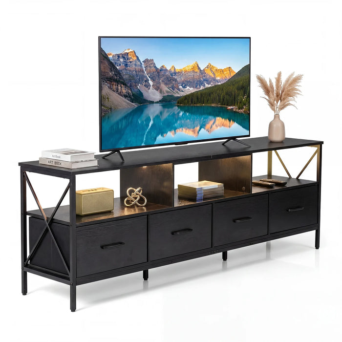 Modern LED Entertainment Center for 80" TVs with 4 Folding Fabric Drawers and Heavy-duty Metal-Rustic Brown