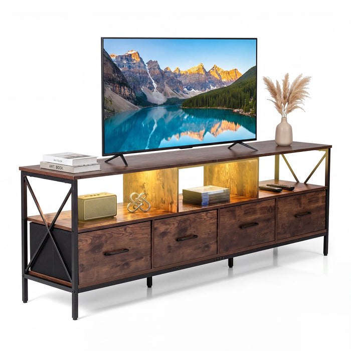 Modern LED Entertainment Center for 80" TVs with 4 Folding Fabric Drawers and Heavy-duty Metal-Rustic Brown