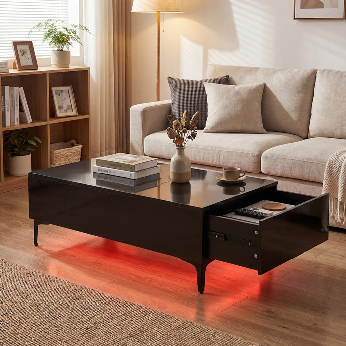 Modern Lift Top Coffee Table with LED Lights High Gloss Accent Table with Hidden Compartment-White