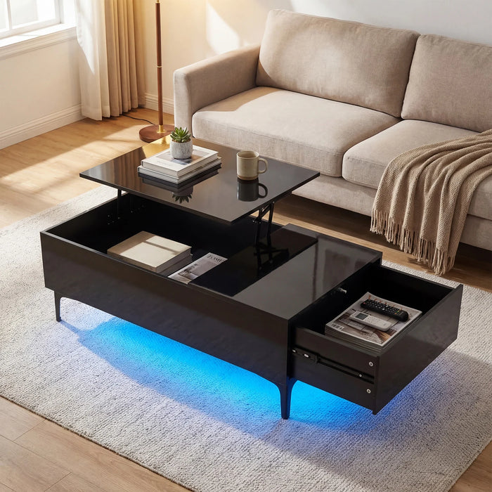 Modern Lift Top Coffee Table with LED Lights High Gloss Accent Table with Hidden Compartment-White