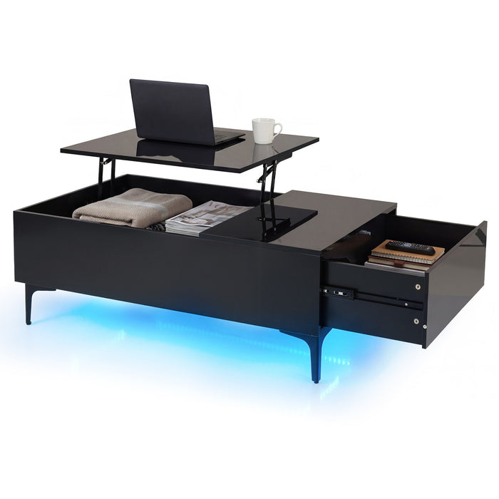 Modern Lift Top Coffee Table with LED Lights High Gloss Accent Table with Hidden Compartment-White