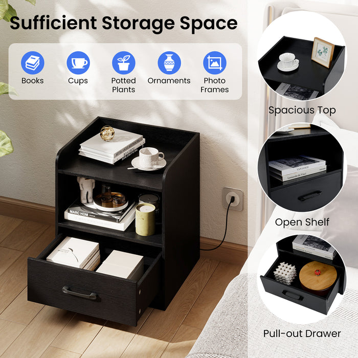 Modern Nightstand with Drawer & Open Shelf and Colorful Light Strip for Bedroom-